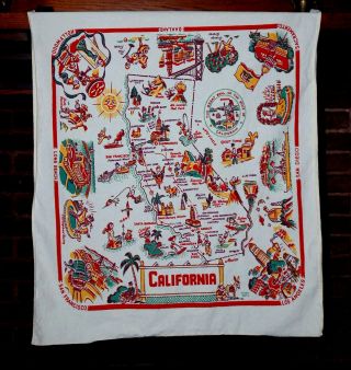 Vintage Map Of California Souvenir Table Cloth Red Mid Century Western Graphics