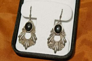 Vintage Sterling Silver Art Nouveau Style Black Onyx Ear Rings