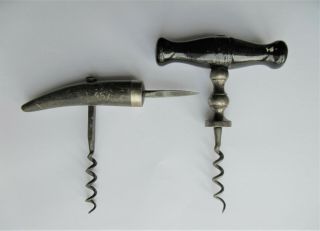 2 Antique 19 Th Cen Corkscrews - Black Handle W/ Fancy Shaft - Bone Handle Marked
