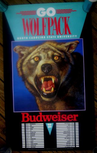1988 - 89 North Carolina Nc State Wolfpack Basketball Schedule Budweiser Poster
