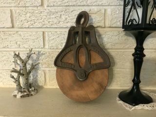 Antique Vintage Louden A 23 Cast Iron Hole And Wooden Wheel Barn Pulley