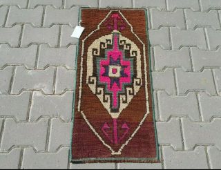 Brown Pink Turkish Doormat Rug 2x3ft Vintage Oushak Small Handmade Bathroom Rug