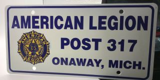 Nos Vintage American Legion Post 317 Onaway Michigan License Plate P3