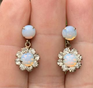 Vintage Victorian Art Deco Sterling Silver Opal Clear Paste Dangle Earrings