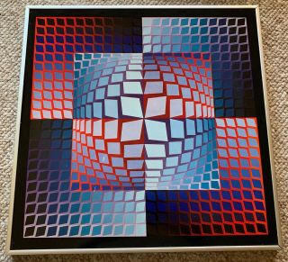 Vintage Vasarely Op Art Framed Print Mid Century Modern Geometric Shapes Art