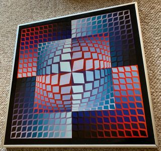 Vintage Vasarely Op Art Framed Print Mid Century Modern Geometric Shapes Art 2