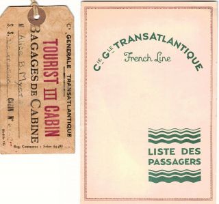 1930 Cie Gle Transatlantique French Line Ss De Grasse Passenger List Baggage Tag