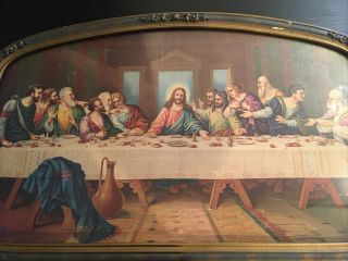 Antique The Last Supper Jesus Zabateri Religious Litho Print Arched Gesso Frame