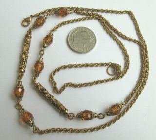 Lovely Vintage Amber Glass And Gold Beads Flapper Necklace Long Single Strand