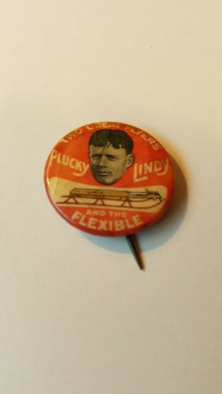 Lucky Plucky Lindy Flexible Flyer Sled Pinback Button Charles Lindbergh 20 