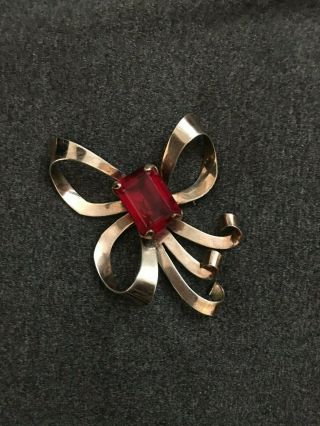 Vintage Art Deco Sterling Silver Red Stone Bow 1940s Brooch Pin