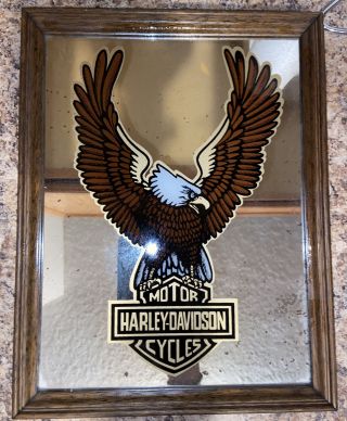 Vintage Harley Davidson Eagle And Logo Wall Mirror With Wood Frame 10 X 13