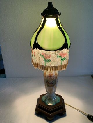 Vintage Antique Style Stain Glass Shade W/ Bead Fringe Table Lamp