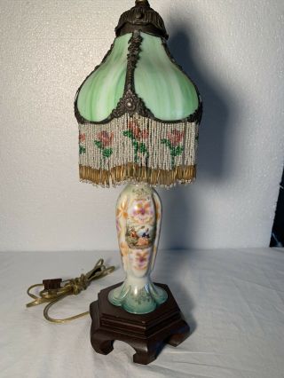 Vintage Antique Style Stain Glass Shade W/ Bead Fringe Table Lamp 2