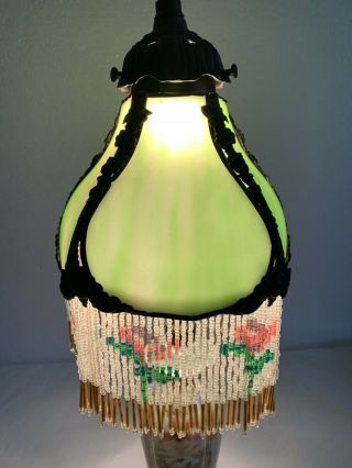 Vintage Antique Style Stain Glass Shade W/ Bead Fringe Table Lamp 3