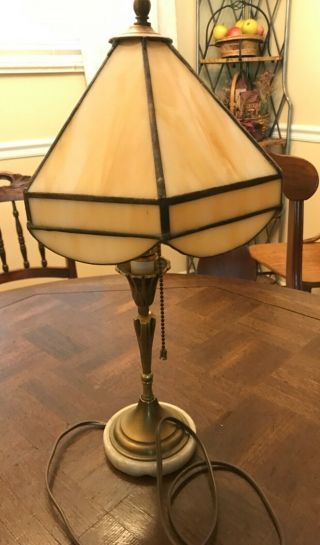 Vintage Antique Brass Candlestick Lamp With Marble Base.  Stained Glass Shade.