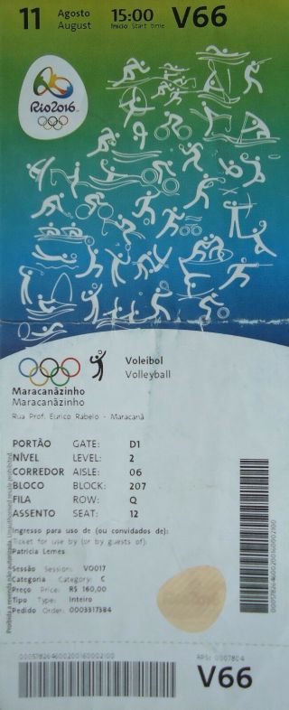 Ticket A 11.  8.  2016 Olympic Rio Volleyball Men 