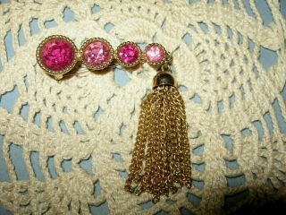 Lovely Vintage Sarah Coventry Pink Rhinestone Pin Brooch W/metal Gold Tassel
