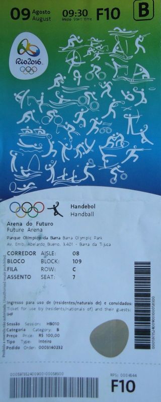 Ticket A 9.  8.  2016 Olympic Rio Handball Men 