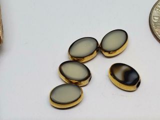 5 Vintage 1960 ' s Dark Brown Cream & Gold Glass 24KGP Oval German Window Beads 2