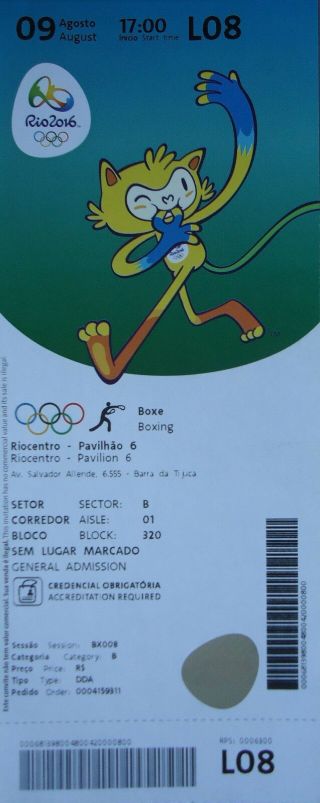 Ticket M 9.  8.  2016 Rio Olympic Boxen Boxing L08