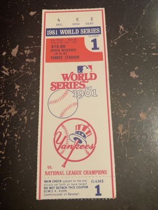 1981 World Series Baseball Ticket Game 1 York Yankee Stadium Vs Dodgers Mlb