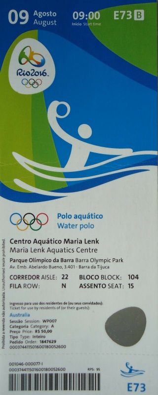 Ticket 9.  8.  2016 Olympic Rio Wasserball Women 