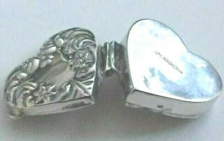 Vintage Solid Sterling Silver Pill Box Heart Shape Floral Repousse.  Hallmarked