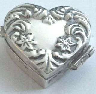 Vintage Solid Sterling Silver Pill Box Heart shape Floral Repousse.  Hallmarked 2