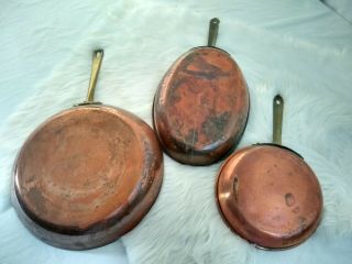 3 Vintage Copper Oval Skillet Frying Pans /brass Handles Farmhouse Antique Pan