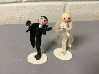 Antique Vtg Celluloid And Pipe Cleaner Flapper Couple Wedding Cake Topper Fun