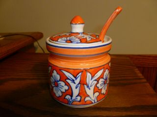 Vintage Ceramic Sugar Bowl With Spoon.  Pretty.  Orange/blue/white -