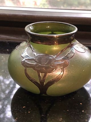 Antique Loetz Bohemian Czech Green Silver Overlay Art Nouveau Glass Vase
