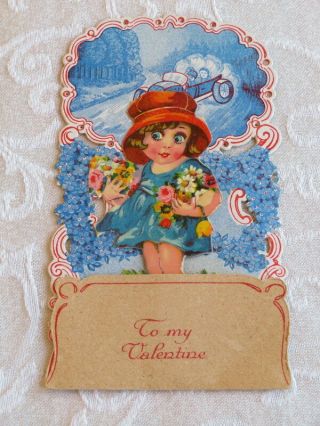 Vintage Valentine,  Fold Down,  Lady With A Red Hat And Flowers,  Germany