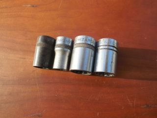 4 Vintage Wizard 1/2 " Drive,  12 Point Sockets,  3/4 " - 11/16 " - 9/16 " - 1/2 "