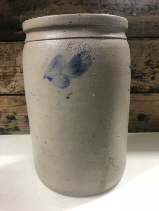 Antique Old Stoneware Crock Jar Gray With Blue 10 Inches Tall Salt - Glazed