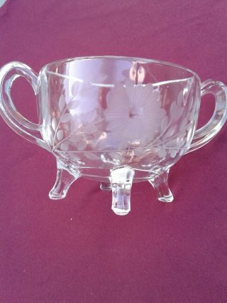 Vtg.  Elegant Clear Glass Footed Sugar Bowl Wheel Cut Flowers 3 " H.  5.  5 " W/handles