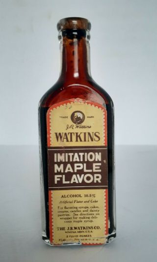 Vintage Watkins Imitation Maple Flavor Glass Bottle Paper Label Cork