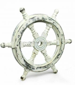 Antique White Nautical Handcrafted Wooden Ship Wheel 18 " - Home Wall Decor Gift
