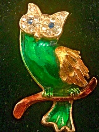 Vtg Gold Blue Green Yellow Glass Guilloche Enamel Rhinestone Owl Pin Brooch
