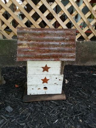 Primitive Farmhouse Vintage Birdhouse Recycled Wood Rustic With Old Barn Tin