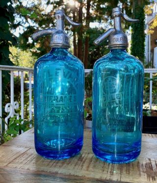Two Boulevard Bubbles Of Health Antique Vintage Blue Seltzer Bottles F