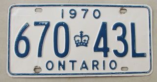 1970 Ontario Canada Auto License Plate " 670 43l " Crown On 70 Totonto