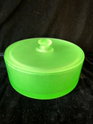 Antique Satin Vaseline Jadeite Green Glass Vanity Round Box Jar