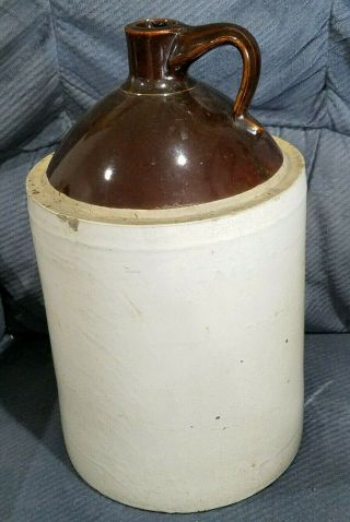Antique Stoneware Pottery Glazed Brown White Crock Jug Pitcher 18 " Tall 4 Gallon