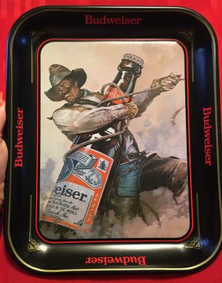Vintage Budweiser Beer King Of Beers Cowboy Roping Bottle Metal Tray