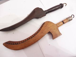 Two Antique Hand Carved Wooden Knitting Sheaths With Hangers Hooks
