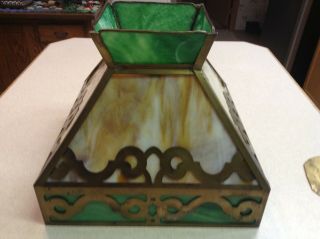 Antique Arts & Crafts Mission Caramel Green Slag Glass Lamp Shade