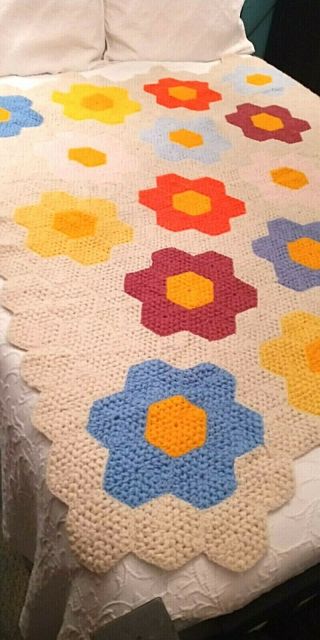 Vintage Handmade Crochet Afghan Throw Blanket Pink Blue Ivory Flowers 63 " X 52 "