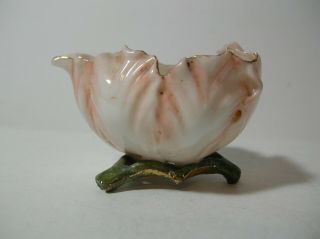 Antique Vintage Porcelain Open Salt Pink Flower Petals Branch Feet Gold Gilt